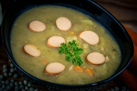 Peas Pisum sativum on olive wood for a pea soupの写真素材