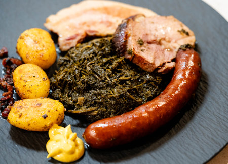 North German national dish green cabbage with roast pork, cabbage sausage and roast potatoesの写真素材