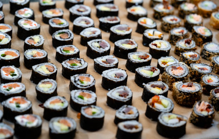 japanese seafood different kinds of sushi rollsの写真素材