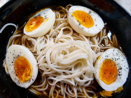 a freshly cooked Japanese ramen soupの写真素材
