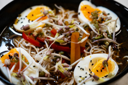 a freshly cooked Japanese ramen soupの写真素材
