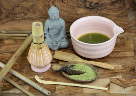 Matcha Japanese for ground tea is a powdered green tea used in the Japanese tea ceremonyの写真素材