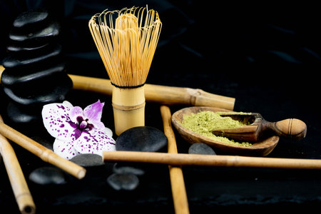 Matcha Japanese for ground tea is a powdered green tea used in the Japanese tea ceremonyの写真素材