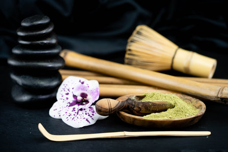Matcha Japanese for ground tea is a powdered green tea used in the Japanese tea ceremonyの写真素材