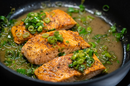 Fried Salmon Steak with fregola sardaの写真素材