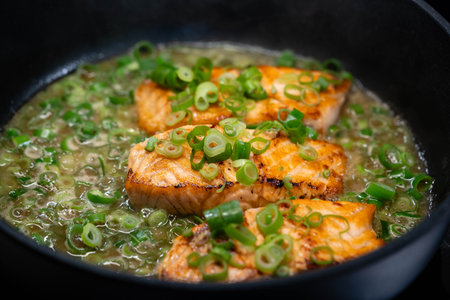 Fried Salmon Steak with fregola sardaの写真素材