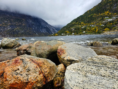 the city of Eidfjord in Octoberの写真素材