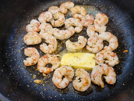 delicious shrimps with herbs and spicesの写真素材