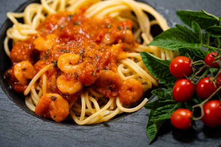 delicious shrimps with herbs and spicesの写真素材