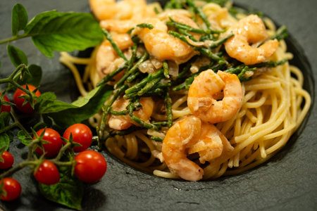 delicious shrimps with herbs and spicesの写真素材