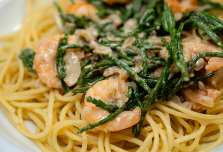 delicious shrimps with herbs and spicesの写真素材