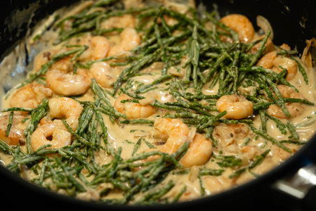 delicious shrimps with herbs and spicesの写真素材