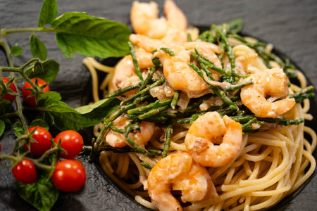 delicious shrimps with herbs and spicesの写真素材