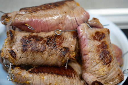 beef roulade with potatoes and vegetablesの写真素材