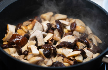 pork tenderloin cut with forest mushrooms and cream sauceの写真素材