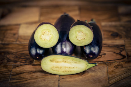 Flowers and fruits of the eggplant Solanum melongenaの写真素材