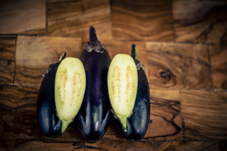 Flowers and fruits of the eggplant Solanum melongenaの写真素材