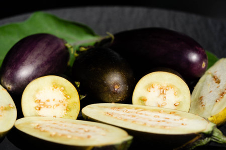 Flowers and fruits of the eggplant Solanum melongenaの写真素材