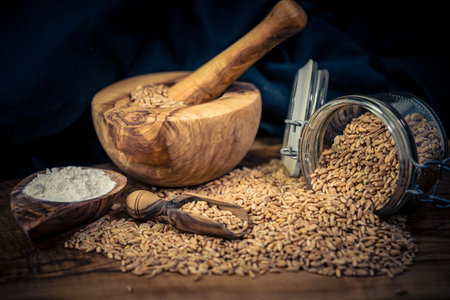 Grain and flour on olive wood