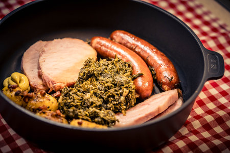 North German national dish green cabbage with roast pork, cabbage sausage and roast potatoesの写真素材