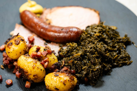 North German national dish green cabbage with roast pork, cabbage sausage and roast potatoesの写真素材