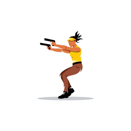 Girl with two guns shooting on a white backgroundのイラスト素材