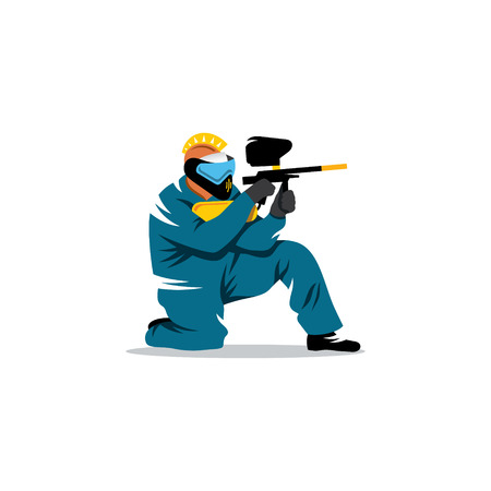 A man with a gun in his hand and a protective mask on his head at the ready to fire.のイラスト素材