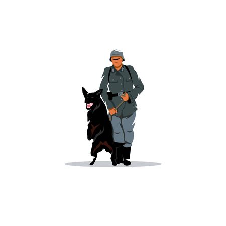 Military man with a German shepherd on a leash.のイラスト素材
