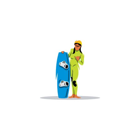 Athlete in a diving suit and helmet with wakeboard in hand.のイラスト素材