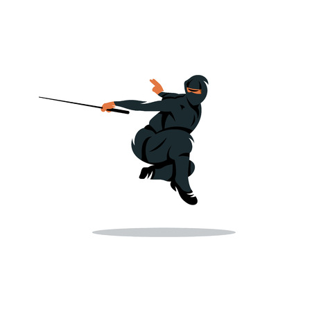 Warrior in black dress sword strikes in a jump Isolated on a White Backgroundのイラスト素材