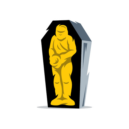 Mummified man in a coffin in a standing position isolated on a White Backgroundのイラスト素材