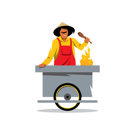 The smiling young asian cook is preparing the tasty pancake on his outdoor mobile street kitchen. Isolated on a white backgroundのイラスト素材