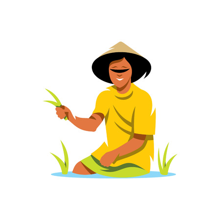 The Farmer collects the Rice Harvest. Isolated on a White Backgroundのイラスト素材
