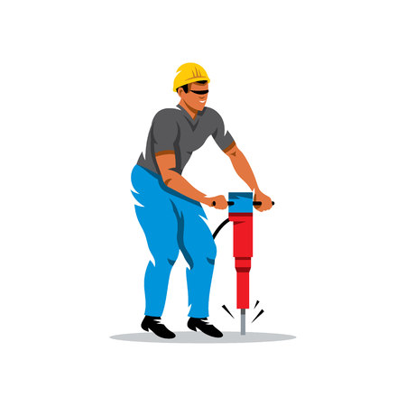 Worker with pneumatic hammer drill equipment isolated on whiteのイラスト素材