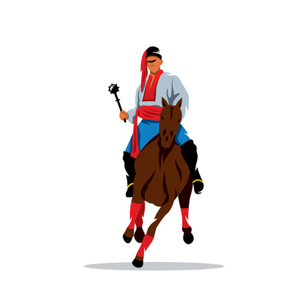 Man in national traditional costume clothes on a horse waving his arms.のイラスト素材