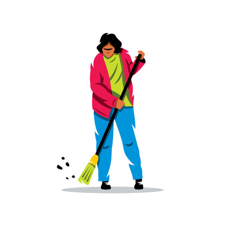 Woman with a broom sweeps the dust. Isolated on a white backgroundのイラスト素材