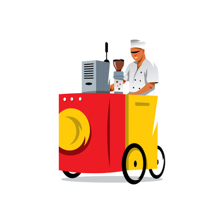 Man and bicycle based cafe. Isolated on a white backgroundのイラスト素材