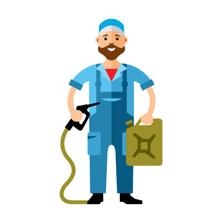 Man with fuel hose and canister of gasoline. Isolated on a White Backgroundのイラスト素材