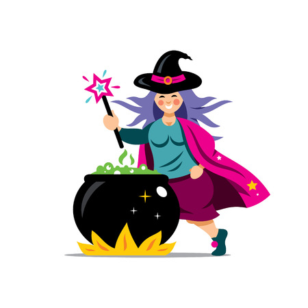 Wizard with magic wand prepares a potion. Isolated on a white Backgroundのイラスト素材