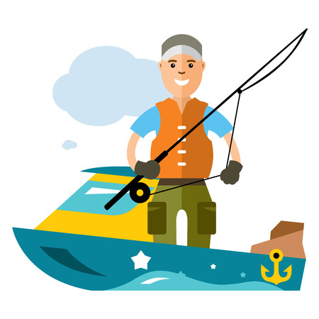 Boy on a boat with a fishing rod. Isolated on a white backgroundのイラスト素材