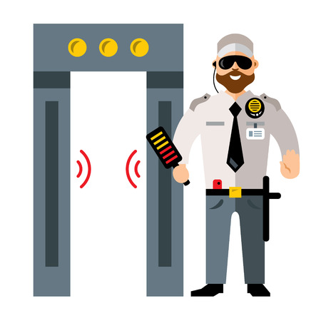 Vector airport metal detector gate and Security man. Flat style colorful Cartoon illustration.のイラスト素材