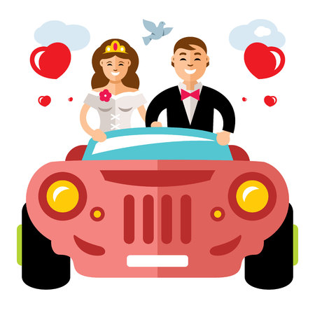 Vector Newlyweds in a limousine. Flat style colorful Cartoon illustration.のイラスト素材