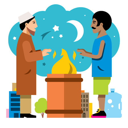 Vector Night Refugee Camp. Illegal migration. Flat style colorful Cartoon illustration.のイラスト素材