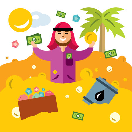 Vector Rich man from the UAE. Success Arabic Business. Saudi Sheikh. Flat style colorful Cartoon illustration.のイラスト素材