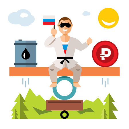 Vector Unstable Russian economy. Balance of oil and the ruble. Humor concept. Flat style colorful Cartoon illustration.のイラスト素材
