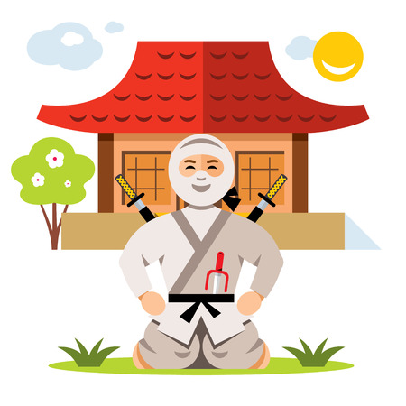 Warrior in white dress with swords sitting on his lap. Isolated on a White Backgroundのイラスト素材