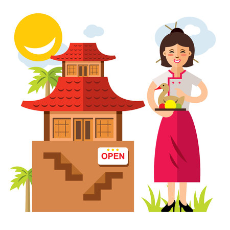 Woman and tray with a bird. Isolated on a white backgroundのイラスト素材