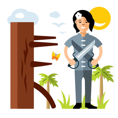 Woman with a butterfly knives. Isolated on a white backgroundのイラスト素材