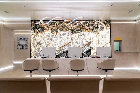 Interior of a modern airport terminal, waiting room. nobody inside