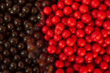 Cherry candies background. Top view of red cherry candies.の写真素材